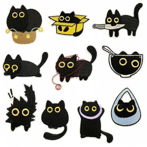 10 Stickerei-Aufnäher, schwarze Katze, bestickt, Nähen/Bügeln/selbstklebend. Gepaart mit selbstklebenden Aufklebern, schneiden Sie entlang der Patch-Form für selbstklebende Verwendung. Geeignet für