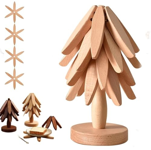 Natural Wood Tree Trivet Set, Christmas Tree Trivet Set, 4PCS Foldable Walnut Wood Trivets with Stand, Heat Resistant Wooden Pot Holders for Hot Dishes, Bowls (Four-piece natural wood)