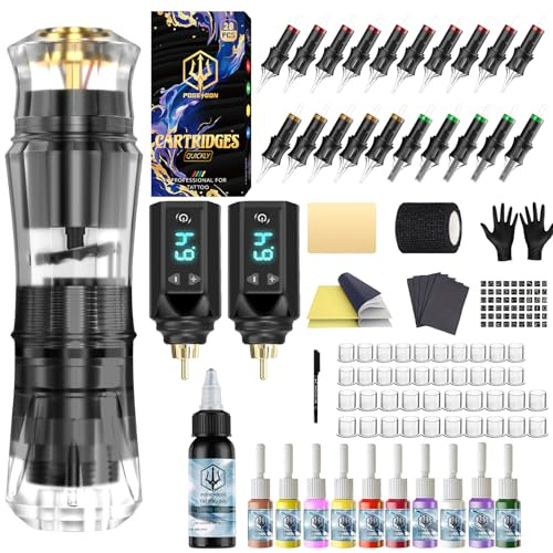 POSEIDON Wireless Tattoo Pen Kit with 20 Pcs Tattoo Cartridge Needles, 11 Pcs Ink & 2 Batteries - Professional Portable Tattoo Machine Gun, Complete Starter Supplies & Equipment for Beginners