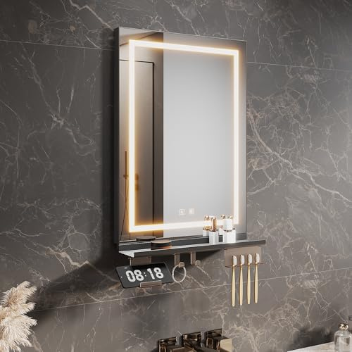 SUNXURY LED Badspiegel mit Ablage Badspiegel 50x70cm mit Beleuchtung 3 Lichtfarbe Dimmbare Wandspiegel mit Beschlagfrei und Touchschalter Badezimmerspiegel mit 50cm Lagerregal Vertikale Aufhängung