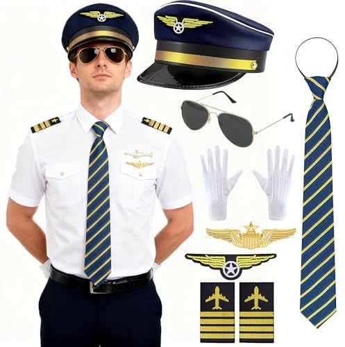 Afenau Pilot Kapitän Kostüm Zubehör, 9 Stück Pilot Kostüm Kit mit Pilotenmütze, Schulterklappen Streifen, Abzeichen, Medaille, Sonnenbrille, Krawatte, Handschuhe für Party- und Karnevalskostüme