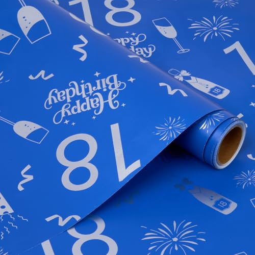 Geschenkpapierrolle zum 18. Geburtstag, 6 m x 43 cm, blau, ideal für Geburtstagsgeschenke