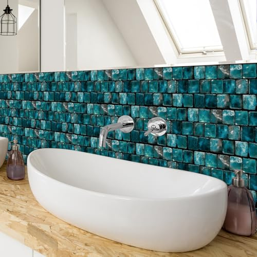 Fliesensticker 30x15 cm Grüner Blauer Stein Klebefliesen Boden Wasserdicht PVC Kamin Treppe Küchenrückwand Klebe Fliesen Fliesenfolie Küche Deko Fliesenaufkleber Bad 24 Stück