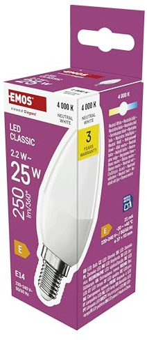 EMOS - LED Lampe Candle, 2,2W Ersatz für 25W Glühbirne - Kerzenlampe mit E14 Sockel - Helligkeit 250 lm, Neutralweiß 4000 K, 30000 h Lebensdauer - CRI min. 80, 240° Abstrahlwinkel - Weiß