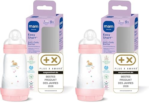 MAM Easy Start Anti-Colic Babyflasche (260 ml), besonders gut akzeptierte Milchflasche, Baby Trinkflasche mit Bodenventil gegen Koliken & Sauger Größe 1, 0+ Monate, Schwan (Packung mit 2)