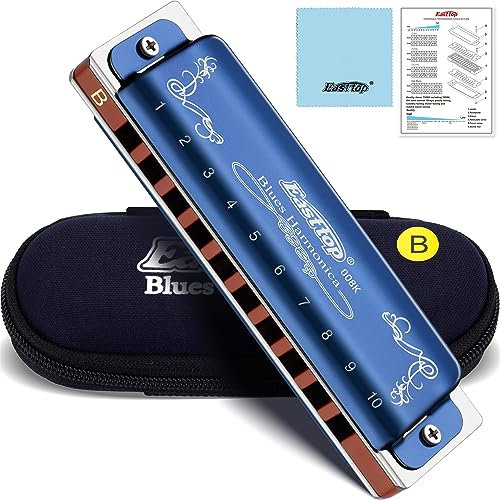 East Top 10 Hole 20 Tone 008K B Tecla de armónica diatónica con estuche azul, armónica estándar para adultos, jugadores profesionales y estudiantes
