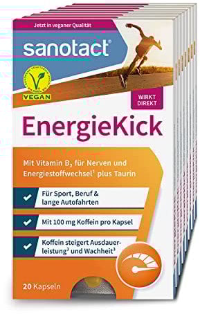 sanotact EnergieKick (8 x 20 Kapseln) • Energie Kapseln als Energie Booster • Koffeintabletten mit Taurin & Vitamin B2 • Wachmacher bei Müdigkeit & für mehr Energie • 100% Vegan
