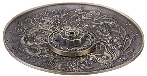 Support d'Encens Porte d'Encens Plaque Titulaire Vintage d'Encens Brûleur Couverture Bronze Chinois Dragon Phoenix Tibétain Plaque d'Encens Vintage FengShui Décoration (Bronze)