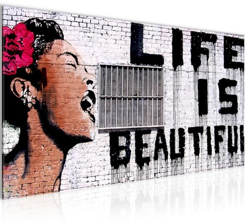 Runa Art Wandbild Life is Beautiful 1 Teilig 100 x 40 cm Modern Bild auf Vlies Leinwand Street Art Loft Wohnzimmer Grau 301312a