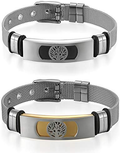 Flongo Herren-Armband Männer Armreif, 2 Stück Edelstahl Armband für Männer Armreif Baum des Lebens Tree of Life Lebensbaum Mesh Band Kette Armkette Silber Gold Schwarz Verstellbar