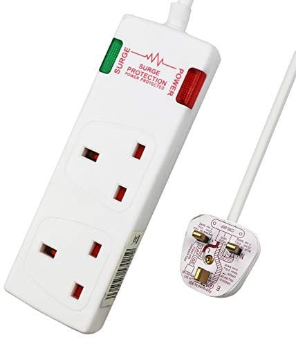 ExtraStar 2 Way Double Socket Power Mains Extension Lead 1M Metre Cable - Surge Protected British Approved 13A - White