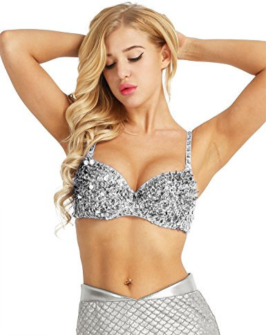FEESHOW Damen Pailletten BH Push up Tanz Kostüm Bauchtanz Top Oberteil mit Perlen Club Party Rot/Rosa/Silber/Gold/Blau/Schwarz Silber 38A, 38B, 38C
