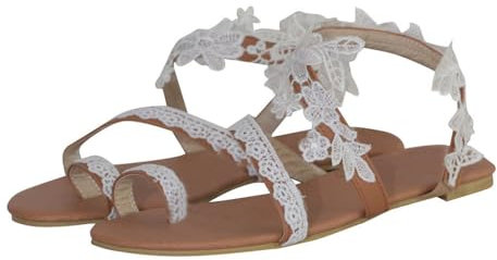 LUCKLY Sandales Plates d'été Femme Bohême Bout Ouvert en Sexy Dentelle Fleur Flip Flop Talon Basse Léger Pantoufles Chaussures Mules Tongs avec Boucle à L'orteil Elégant de Vacances Plage (Blanc 39