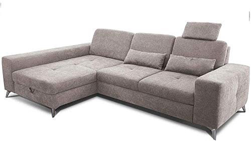 CAVADORE Ecksofa Bali / Trendige Sofaecke mit Longchair links, Kopfstütze & Nierenkissen / Inkl. Sitztiefenverstellung, Bett & Bettkasten / 286 x 92 x 176 / Flachgewebe: Beigegrau