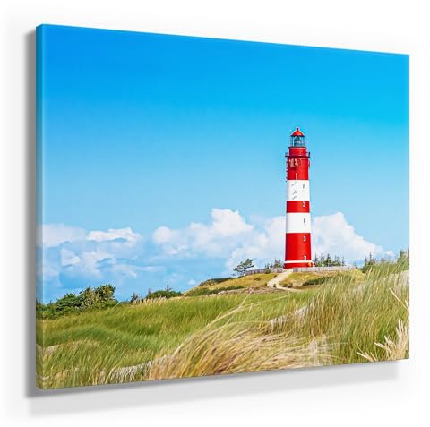 BilderKing Atemberaubendes Nordsee Leinwand-Bild 50x50cm, Motiv Leuchtturm auf Amrum. Ein einzigartiges Wandbild als Deko für Wohnzimmer, Schlafzimmer, Küche. Aufgespannt auf Holzrahmen