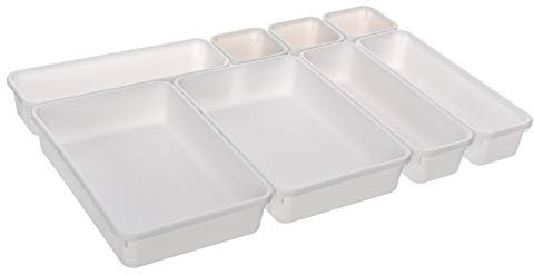 FiNeWaY 8pc Interlocking Drawer Organiser Plastic Storage Separator Tray Boxes Cutlery Compartment Kitchen Bedroom Bathroom Desk Office De-Clutter Tidy (White)