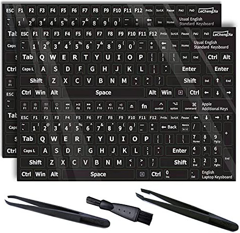 2 Stück Englisch Ersatz Schwarze Aufkleber mit weißen Buchstaben (glänzend), geeignet für Jede Standard-Tastatur, Laptop-Tastatur, Apple-Tastatur, mit Zwei exklusiven Pinzetten und Reinigungsbürste.