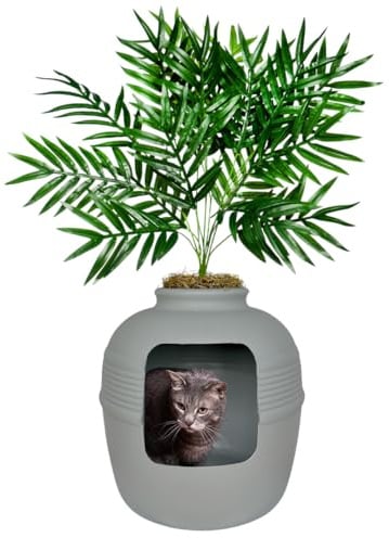 Good Pet Stuff Original versteckte Katzentoilette mit künstlicher Pflanze und geschlossenem Katzenklo, belüftet und mit Geruchsfilter, leicht zu reinigen, Steingrau