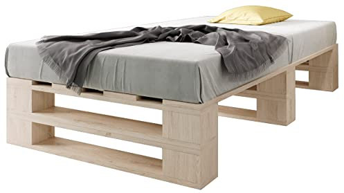 sunnypillow Palettenbett M2 aus Holz 120 x 200 cm mit Lattenrost Stabiles Seniorenbett Kinderbett Jugendbett Gästebett erhöhtes Einzelbett Bettgestell Futonbett Komforthöhe Naturholz