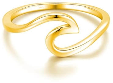 WAVE Ring aus 925 Sterling Silber | Damenring Nickelfrei & Anlaufgeschützt mit Welle | Ringe Minimalistisch Meereswelle Schmal Wellenring (60, Gold)
