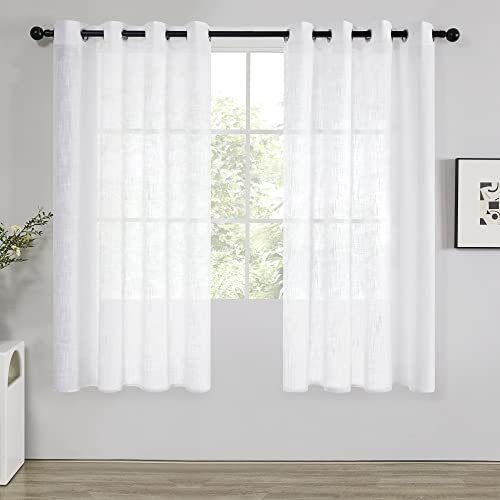 Deconovo Voile Halbtransparent Vorhänge mit Ösen Gardinen Wohnzimmer Dekoschal Leinentextur Vorhang für Balkontür Luftige Gardinen, 175x140cm(HöhexBreite), Weiß, 2er Set