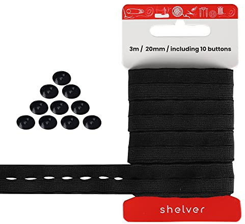 Shelver Elastic with Buttonhole for Sewing Adjustable Waistbands to Children's Trousers or Maternity Wear, Button Extenders with 10 Buttons