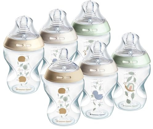 Tommee Tippee Natural Start Anti-Colic Baby Bottle, Slow Flow Breast-Like Teat for a Natural Latch, 0+ months, 260 ml, Anti-Colic Valve, Self-Sterilising, Pond Design, Pack of 6