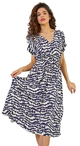 Roman Originals Shirred Waist Dress for Women UK Ladies Midi Maxi Summer Spring Tiered Frill Hem Empire Waist Short Sleeve V Neck Gathered Skirt Bohemian Holiday - Navy & Ivory - Size 12