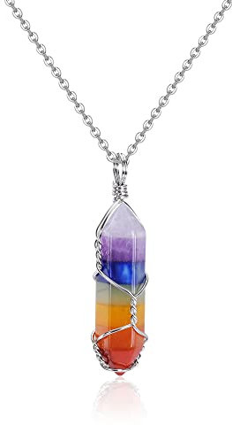 JSDDE 7 Chakra Anhänger Halskette Wicklung Heilsteine Sechseckige Säule Anhänger Kette Amulett Anhänger Reiki Glücksbringer Schmuck (Stil 1)