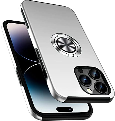 PELEPUES Shockproof Case for iPhone 14 Pro 6.1'', [Embedded Finger Ring] Military Grade Phone Case Cover with Reinforced Metal Stand Kickstand [Support Magnetic Car Holder] for iPhone 14 Pro, Silver