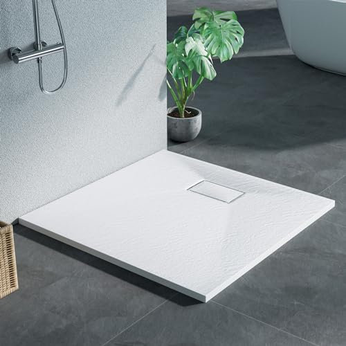 Heilmetz Duschwanne 90x90cm Flach Duschtasse Höhe 2.6 cm Brausewanne Steinoptik Antirutsch SMC Duschtasse, Ø 90mm Ablauföffnung -Weiß (ohne Siphon)