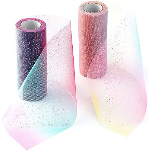2 Rollen Tüllrolle mit Farbverlauf Glitzer Tüll Rolle Tüllrolle mit Farbverlauf Sheer Fabric Shimmer Spool Ribbon Glitter Tüll Stoff Rollen für DIY Tisch Tutu Rock Nähen Party Hochzeitsdekoration