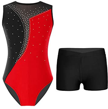 iEFiEL Mädchen Glitzer Turnanzug Ärmellose Leotards Rückenfrei Ballettanzug mit Strass Ballettkleidung Gymnastikbody Tanzkostüm Vc Rot schwarz 146-152