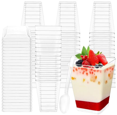 EOGRFW Lot de 50 coupelles à dessert avec couvercles et cuillères, 150 ml, mini tasses à dessert réutilisables, verres à dessert carrés pour desserts DIY, pudding, mousse, glace, pique-nique, mariages