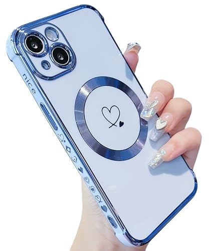 ZTOFERA Magnetic Case for iPhone 15 Plus (6.7) Compatible with MagSafe, Flexible Soft Silicone Protective Phone Case with Cute Love Heart Pattern Plating Rim Shockproof Bumper Cover, Sierra Blue