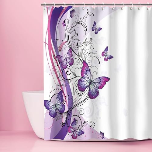 ETERIO Rideau de Douche 120x200 Papillon Violet, 3D Papillon Violet Rideau de Douche Anti Moisissure Rideau Douche en Tissu Imperméable Polyester pour Salle de Bain ou Baignoire, 8 Crochets
