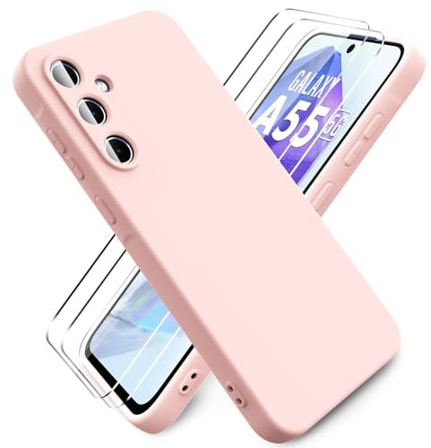 Ikziwreo Cover per Samsung Galaxy A55 5G + 2 Proteggi Schermo in Vetro Temperato,Custodia in Silicone Morbido TPU Liquido,Case Protettiva Gomma Antiurto - Rosa