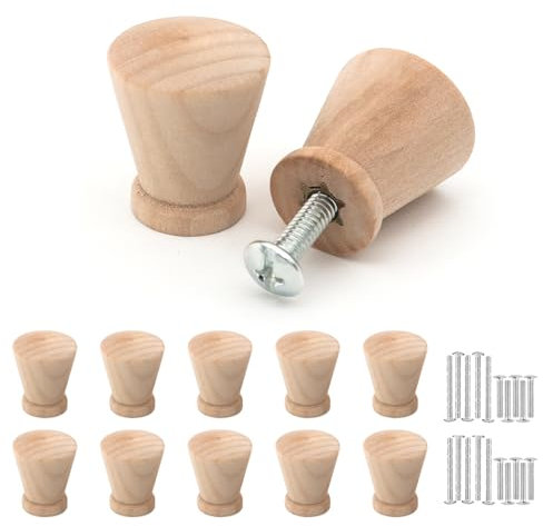 Misuyue Wooden Drawer Knobs, Cabinet Wardrobe Knobs - Set of 10 Natural Wooden Taper Handles with Screws (21X24MM)