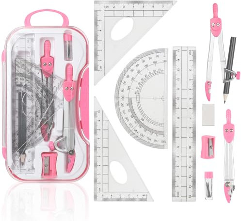 Maths Set | 10Pcs Geometry Sets Maths Sets for Secondary School | Protractor and Compass Set Compass Maths Ruler Set with Storage Box (Rose Red)
