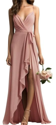 KURFACE Robe de demoiselle d'honneur à bretelles spaghetti pour mariage col en V en mousseline de soie robe maxi formelle avec fente WSX484, vieux rose, 36