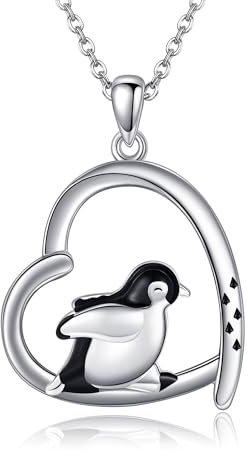 VENACOLY Pinguin Kette 925 Sterling Silber Pinguin Anhänger Herz Halskette Muttertag Schmuck Weihnachten Geschenk für Damen Frauen