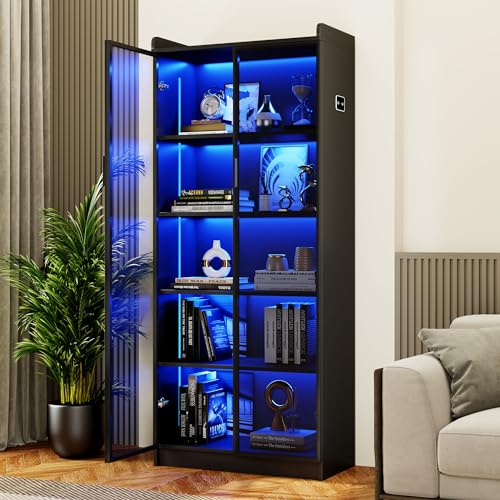 Dystler Display Cabinet with Doors and Adjustable Shelves, 65 Tall Bookcase with LED Lights/Human Sensor, 5 Tier Display Case for Collectibles Bedroom Living Room Office, Black