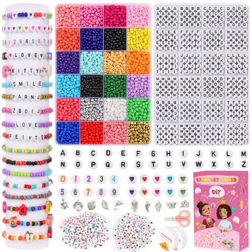 5800pcs hacer pulseras niñas,Granos de cristal de la semilla de 4 milímetros y granos del alfabeto de la letra, granos del corazón, granos del número y otros granos del arte, para las pulseras(C)