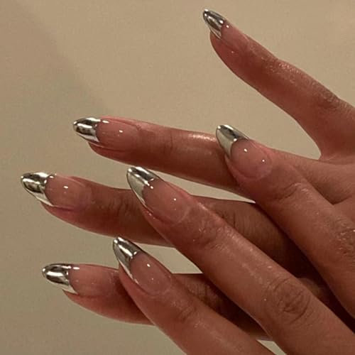 Ovale Kurze Künstliche Nägel French Press On Nails MrCuvaryas French Press On Nails Kurz Square Soft Gel Nail Tips Full Cover Nageltip (Silver French)