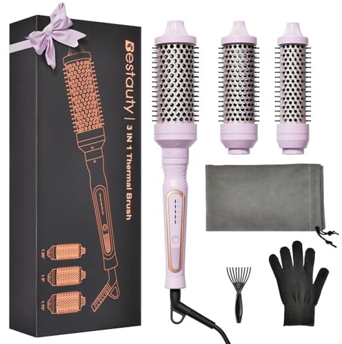 Bestauty Thermal Brush, 3 en 1 Cepillo Térmico Intercambiable de 32/38/45mm, 5 Temperaturas 150-230℃ Cepillo Rizador Iónico para Crear Rizos Naturales, Doble Voltaje con Bolsa de Viaje, Púrpura