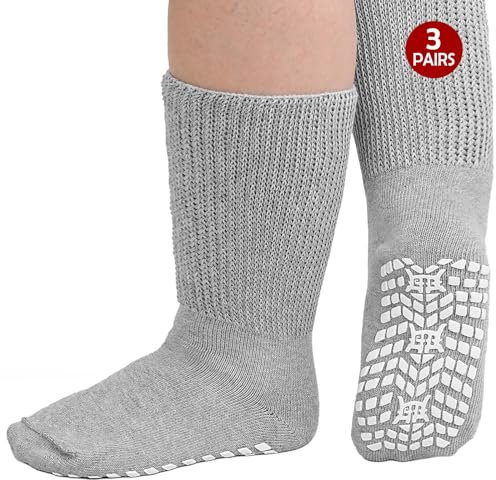 ZFSOCK Diabetic Socks for Men Non-slip: Extra Wide Soft Top for Swollen Feet Ankles Leg Hospital Socks with Grips Non-Binding Gentle Grip Non-Elastic Loose Fitting Edema Socks Grey 3 Pairs 6-11