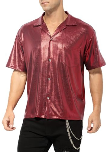 Casey Kevin Men's Short Sleeve Shirts Metallic Shiny Collared Nightclub Button Down Shirts CK3406 Red Small