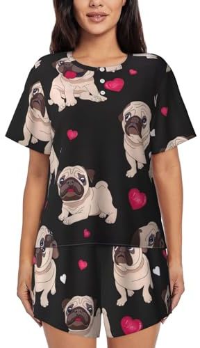 YQxwJL Damen-Pyjama-Set mit niedlichem Mops-Aufdruck, kurze Ärmel, Lounge-Set, Nachtwäsche, lässiger Schlafanzug mit Taschen