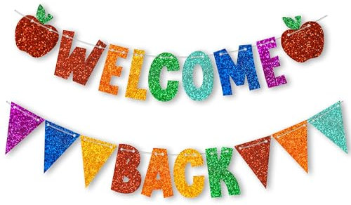 Banner zum Schulanfang – Glitzerndes Willkommensbanner mit Apfel und Wimpeln, Schulanfangs-Dekorationen, niedliches Schulanfangsbanner für Klassenzimmer, Büro, hängende Dekorationen