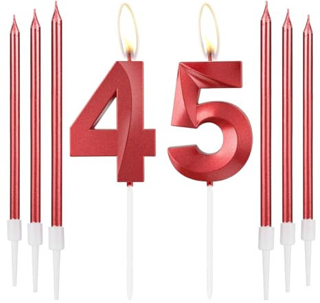 mciskin Red 45 Birthday Candles-3D Design Number 45 Candle for Cake with 6pcs Long/Thin Candles Set, Red Cake Topper for Women 45th Birthday Decorations Supplies,45th Wedding Anniversary Decorations